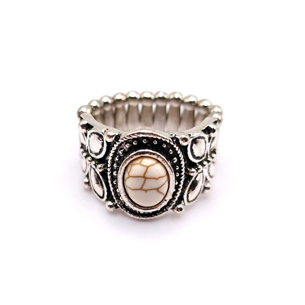 Paparazzi Silver Butterfly Stretch Ring Cream Oval Stone Boho